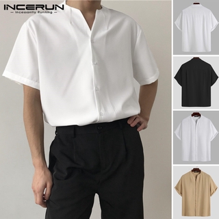 Incerun Nam Thời Trang Mỏng Màu Trơn Nửa Tay Cổ Chữ V Kiểu Nút Rời Thoải Mái Thoải Mái