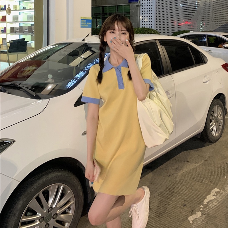 Đầm ZHELIHANGFEI dệt kim tay ngắn cổ polo phối màu trẻ trung cho nữ