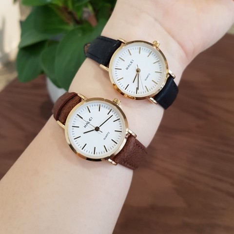 Đồng hồ nam nữ cặp đôi Halei dây da nâu mặt số vạch chính hãng Tony Watch 68 có video thật
