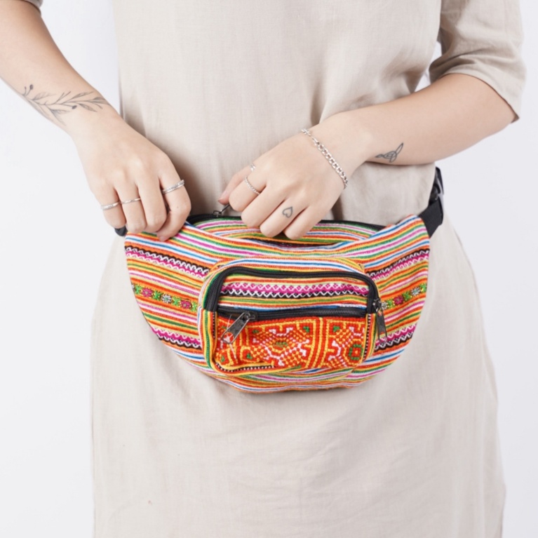 Túi Đeo Bụng Túi Bao Tử Vải Thổ Cẩm Phối Da Lộn Họa Tiết Dân Tộc Thêu Tay  - Trúc Lâm Handmade