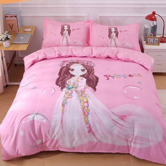 Trọn Bộ Chăn Ga Gối 4 Món Cotton Tina Đáng Yêu Cho Bé Gái Mẫu CÔNG CHÚA HỒNG