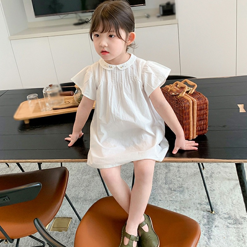 Đầm Công Chúa Xếp Ly Cổ Búp Bê Chất Liệu Cotton Thêu Họa Tiết Phong Cách Hàn Quốc Đơn Giản Dành Cho Bé Gái
