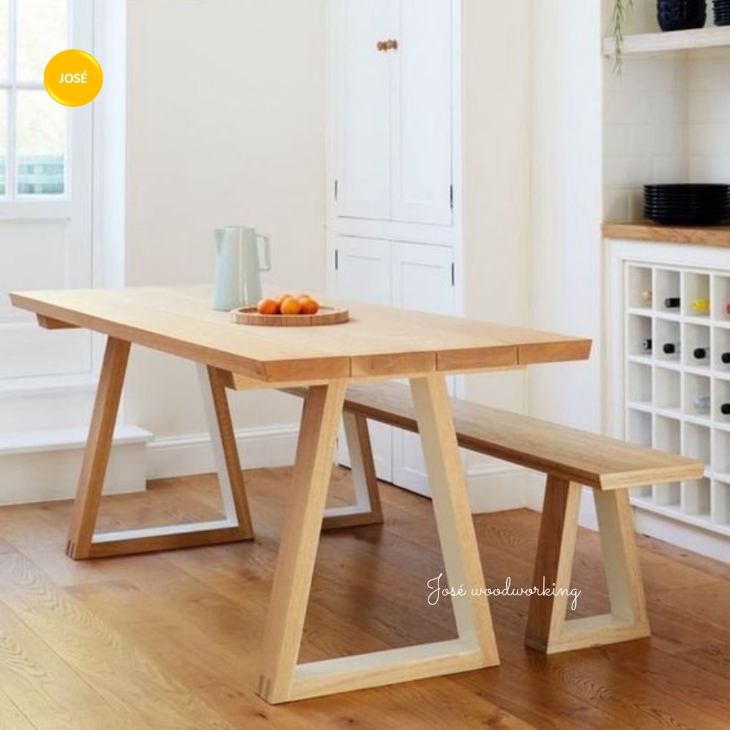 Bộ Bàn Ăn Gỗ Tự Nhiên Kèm Ghế Băng Dài Chân Gỗ Hình Thang Mộc Mạc