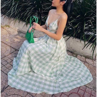 (Có mút ngực) Đầm maxi karo 2 dây khoét ngực