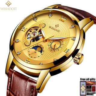 [Sản phẩm chính thức] Đồng hồ cơ tự động WISHDOIT Nam Tourbillon Đồng hồ cơ tự động Cửa sổ phối cảnh rỗng Dây da Ngăn ngừa trầy xước Thời trang (Đài Loan Hoàng đế tự động Đồng hồ hồ)