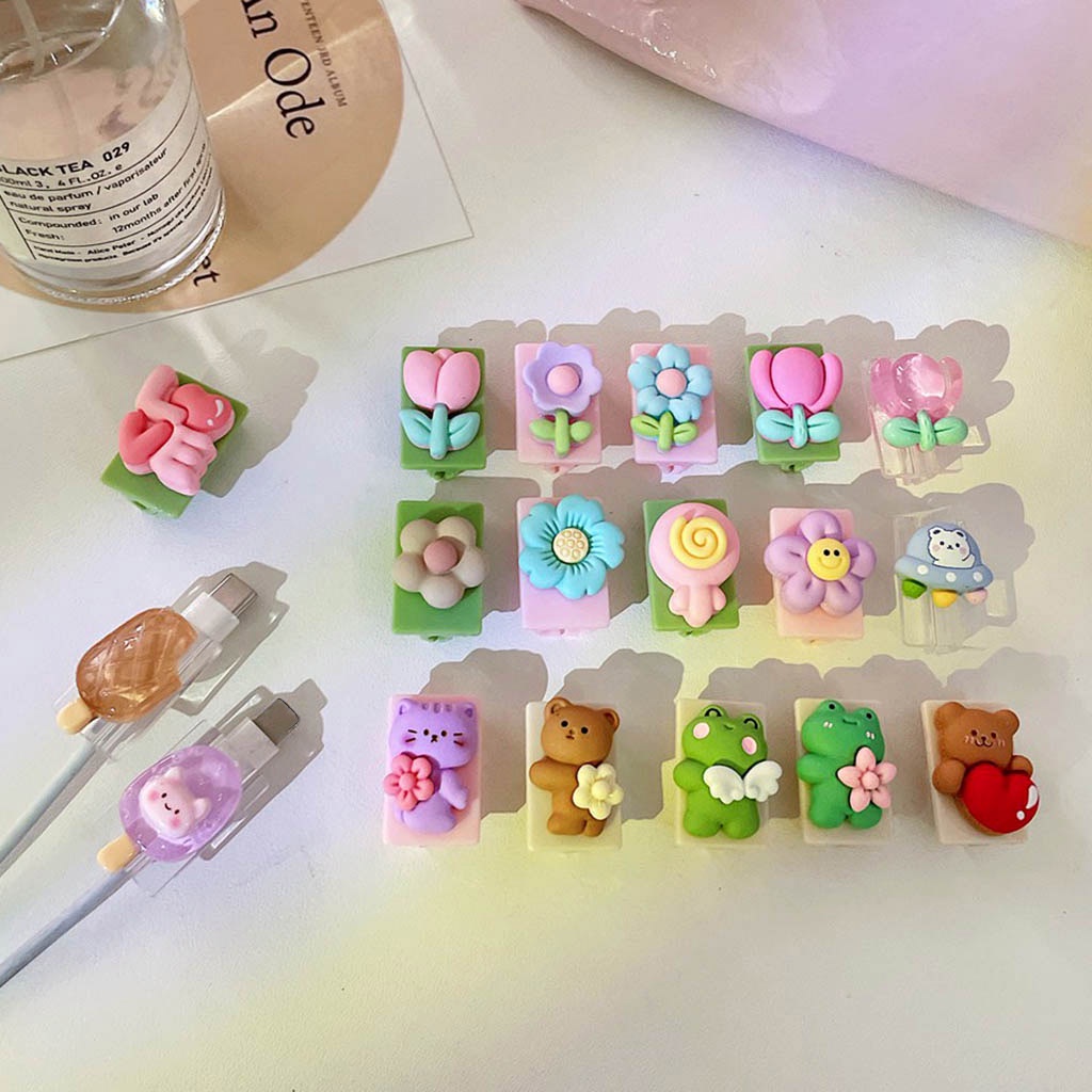 Vỏ Bọc Bảo Vệ Dây Cáp Sạc Android / iPhone Type-C / Micro-B Bằng TPU Mềm Hình Thỏ / Gấu / Hoa 18 Kiểu Tùy Chọn