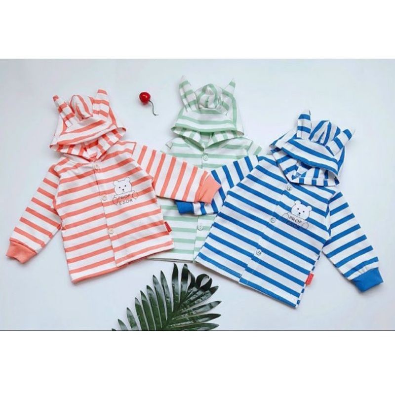Áo Khoác Sơ Sinh Có Mũ Tai Thỏ Sọc Trắng, Vải Cotton