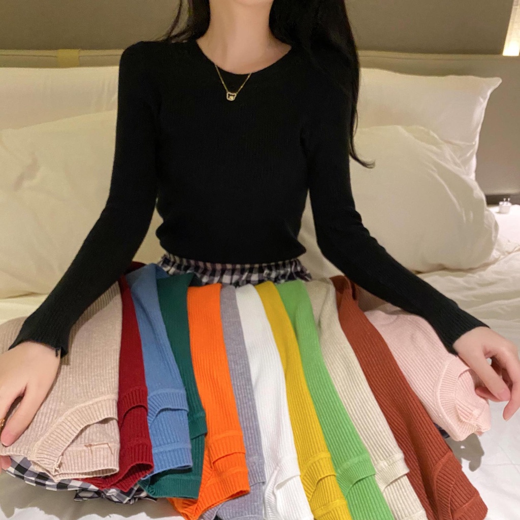 Áo sweater IELGY tay dài cổ tròn dáng ôm phong cách phương Tây thời trang cho nữ