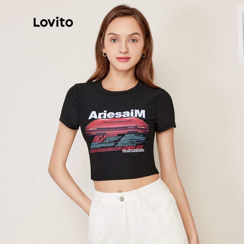 Áo thun Lovito in chữ phong cách thường ngày L27AD020 (màu đen)