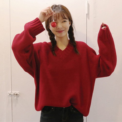 Áo Sweater Dệt Kim Dáng Rộng Cổ Chữ V Thời Trang Cho Nữ