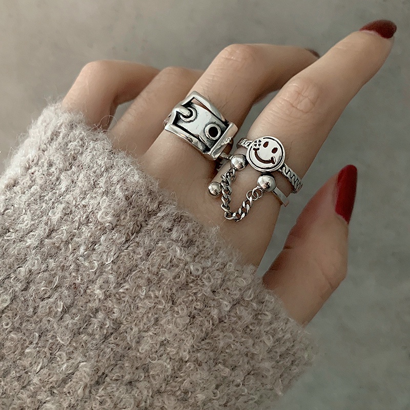Nhẫn Hình Mặt Cười Phối Dây Xích Thiết Kế Đơn Giản Thời Trang Cá Tính