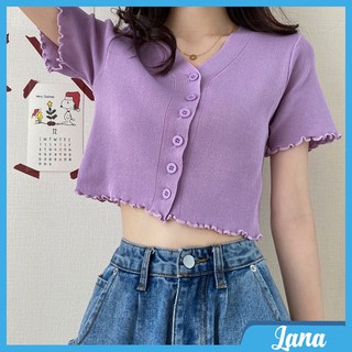Áo croptop tay lỡ cổ tim LaNa, Áo cardigan len tăm chất dày dặn phong cách Ulzzang Hàn Quốc C01