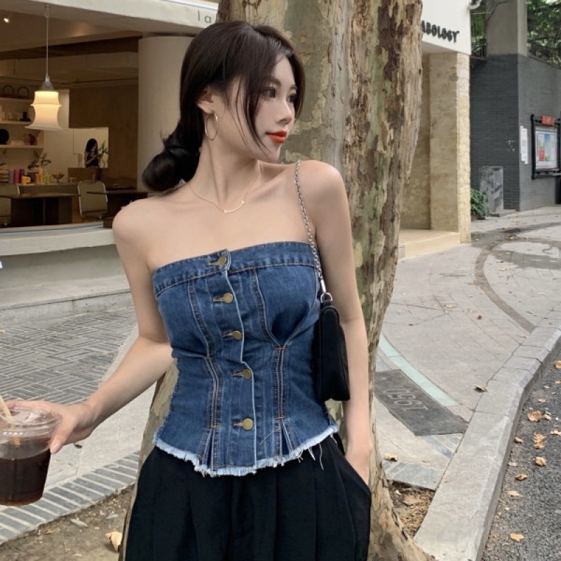 Áo Ống Ngắn Không Tay Vải Denim Thời Trang Mùa Hè Gợi Cảm Dễ Phối Đồ
