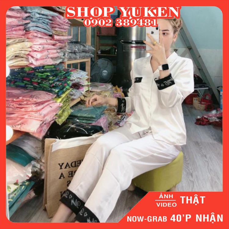 Bộ Lụa Pijama Áo Dài Quầm Dài Phối Chữ Cao Cấp