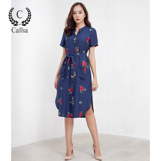 Đầm suông Midi nữ Callia Klara Blue cổ lãnh tụ tay ngắn (Xanh đen)