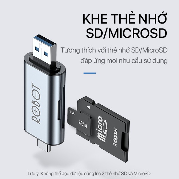 Thiết Bị Đọc Thẻ Nhớ ROBOT CR202 - 2 Đầu Type-C Và USB 3.0, Khe Cắm Thẻ Nhớ SD/Micro SD