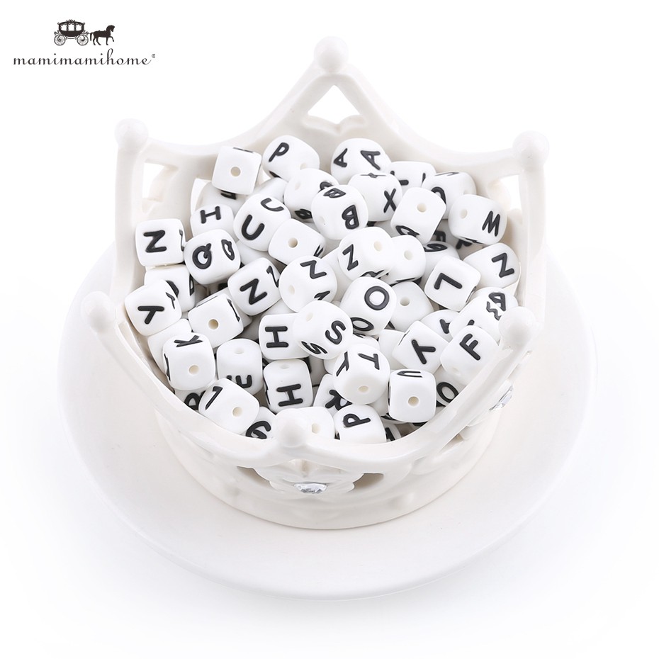 Set 26 Hạt Silicone Xâu Chuỗi 10mm / 12mm Có Chữ Cái Làm Đồ Chơi Ngậm Cắn Cho Bé