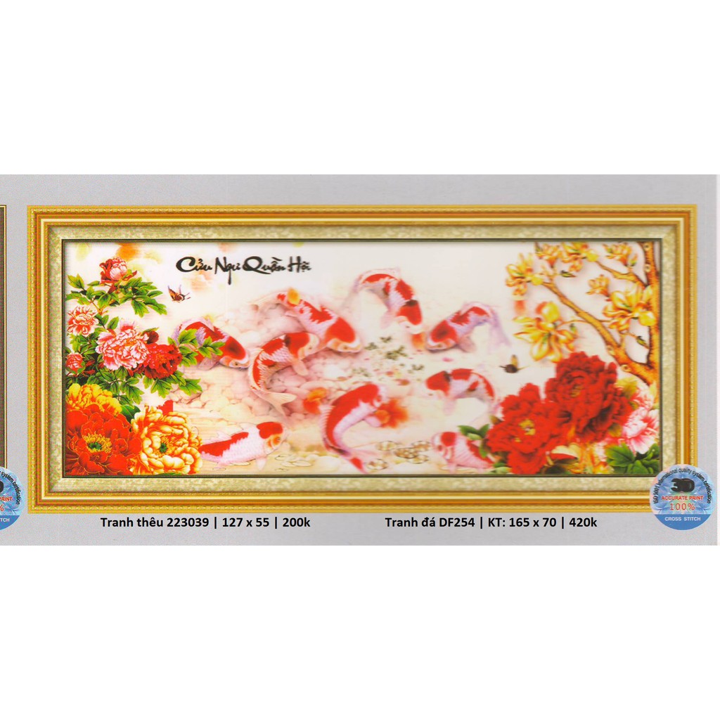 Tranh thêu chữ thập cửu ngư quần hội (KT: 127 x 55 cm)