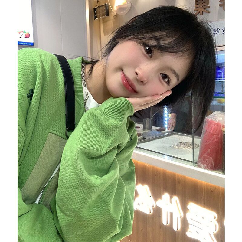 Áo Khoác Thể Thao Tay Dài Dáng Rộng Màu Trắng Dễ Phối Đồ Phong Cách Preppy Mỹ