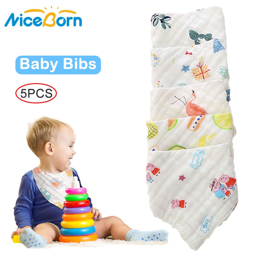 Set 5 yếm ăn 100% Cotton mềm mại thấm hút tốt 6 lớp cho bé