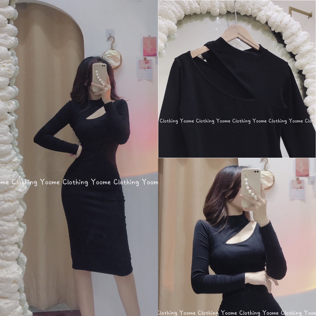Váy body ôm tay dài khoét cổ chéo dáng dài chất cottonzip dày dặn co giãn cho nữ YOOMECLOTHING ( ảnh thật tại shop )