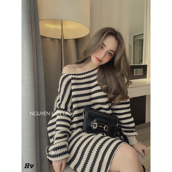 Áo váy len kẻ đen trắng thu đông