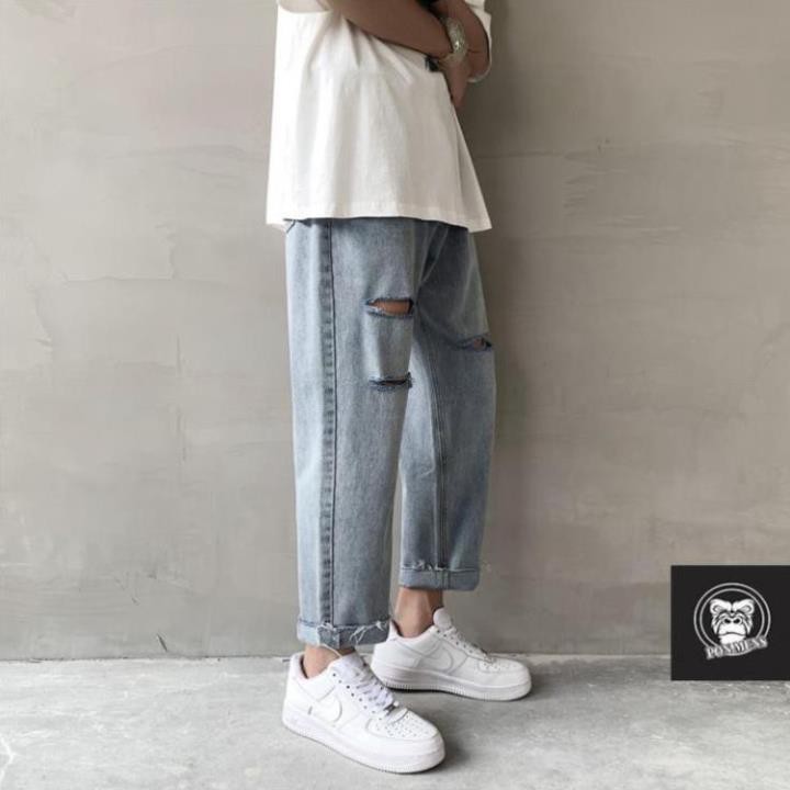 Quần bò baggy nam nữ ống rộng rách gối mới t25 2021 Pon.mens | BigBuy360 - bigbuy360.vn