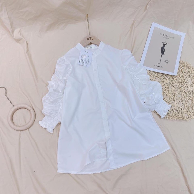 [Mã WASKT304 giảm 15% tối đa 30K đơn 99K] Áo sơ mi cổ tàu tay nhún☘️Áo sơ mi trắng tay dài nữ☘️{freeship} | BigBuy360 - bigbuy360.vn