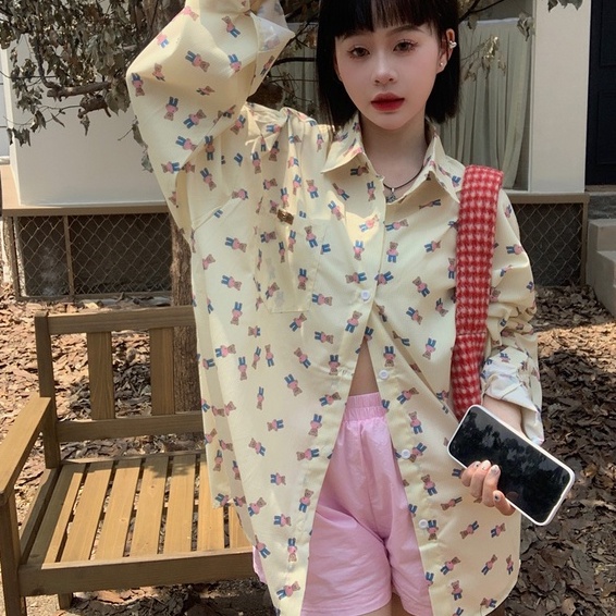 ZHELIHANGFEI Áo Sơ Mi Tay Dài Dáng Rộng In Hình Gấu Dễ Thương