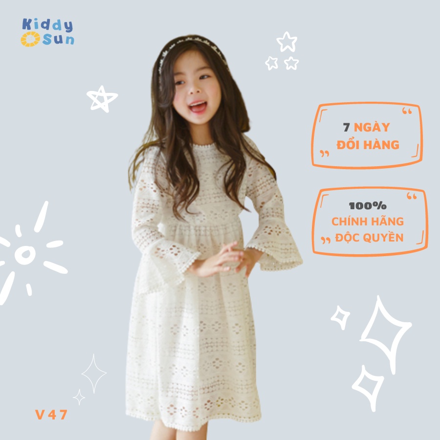 Váy công chúa trắng dài tay họa tiết ren, tay xòe xinh xắn cho bé gái Kiddy Sun V47