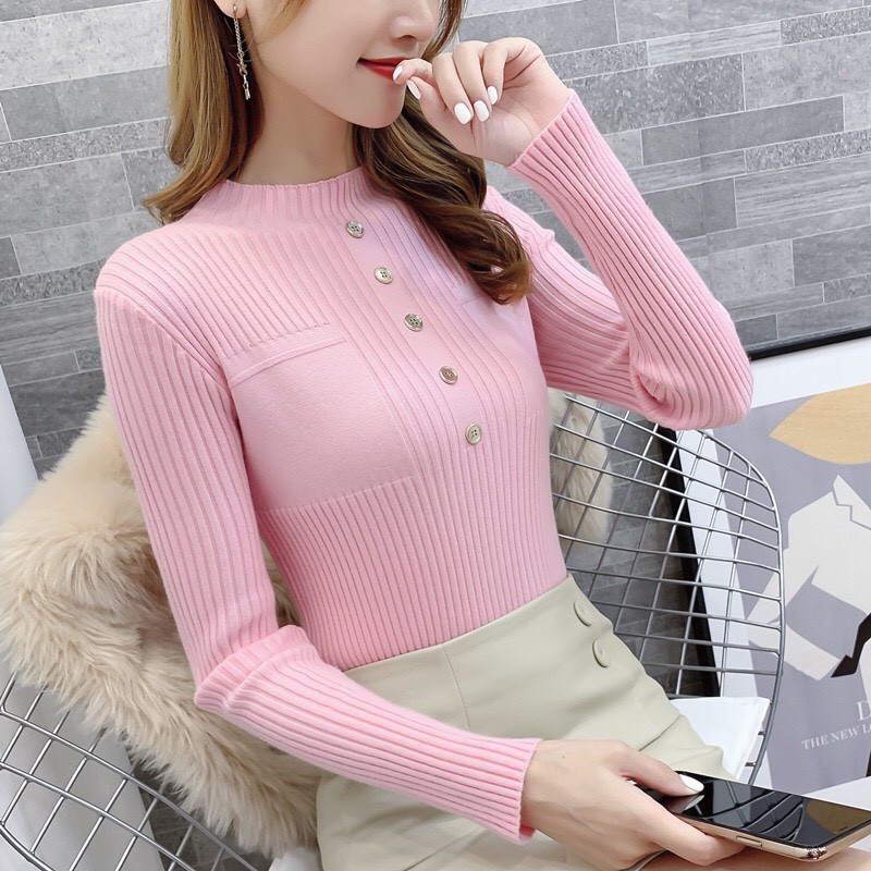 áo len cổ cao phối cúc- áo len nữ mỏng mặc mùa thu