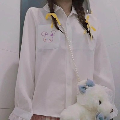 Seifuku/ JK/ Set váy đồng phục học sinh Nhật Bản: áo sơ mi cổ sen thêu thỏ + nơ + chân váy xòe xếp ly kẻ caro hồng đào