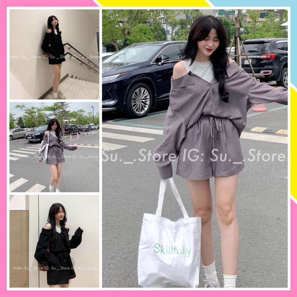 Set đồ nữ 3 món Áo croptop ba lỗ kẻ Áo sơ mi Trễ Vai Cổ Bẻ Quần short Nữ Sang Chảnh Đi Chơi