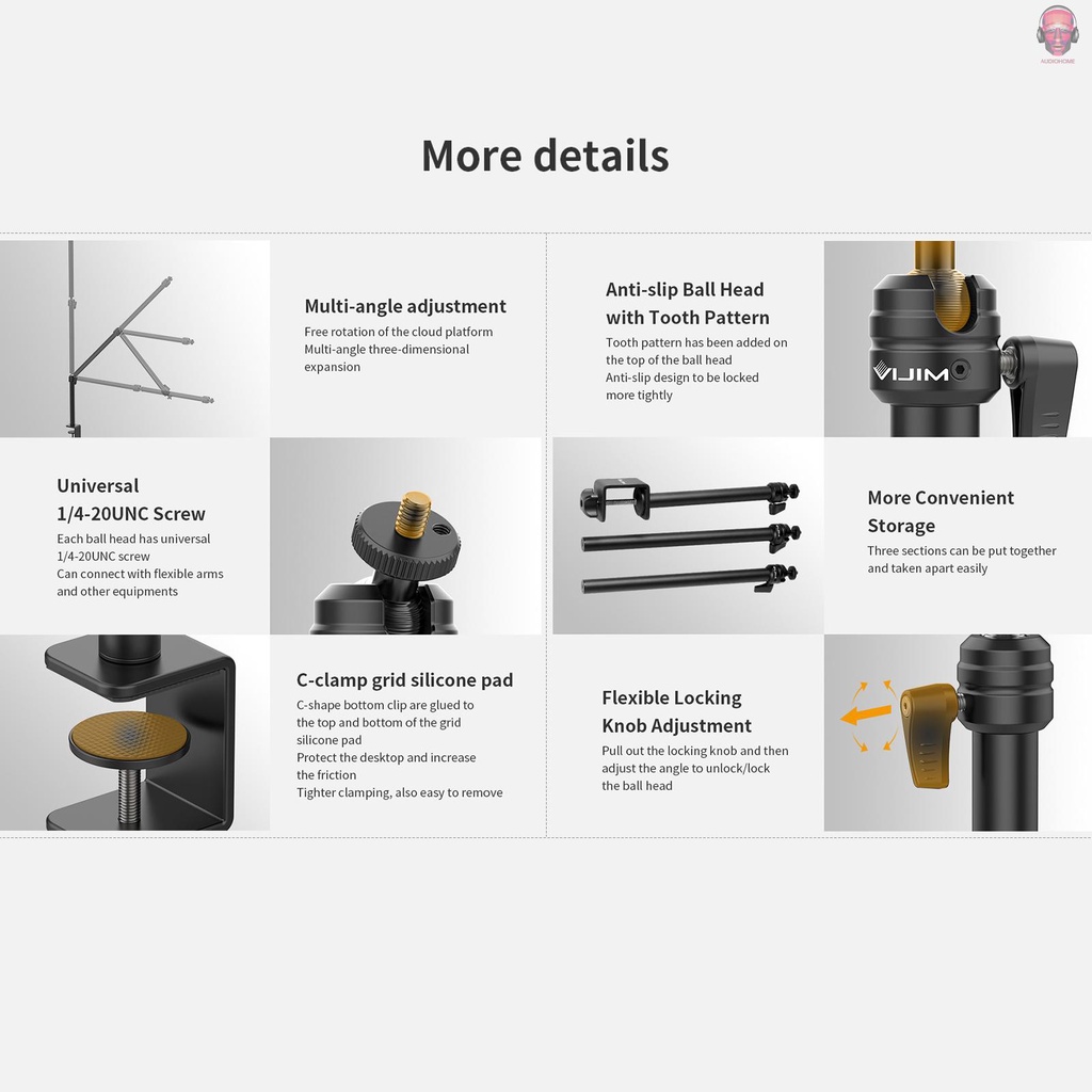 Giá đỡ ba chân VIJIM LS08 3 khớp nối linh hoạt bằng hợp kim nhôm với ốc vít C-Clam 3/ 8 Inch và đầu bi tải trọng 1kg