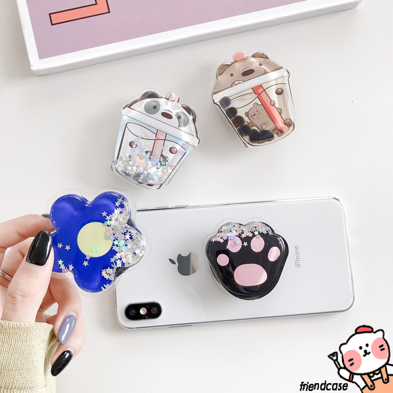 Squishy 3D Quicksand Holder Liquid Popsocket Cartoon We Bare Bears Drink Bottle Cute Phone Stand Phone Holder Desk Adjusttable Folding Bracket for All Smartphone