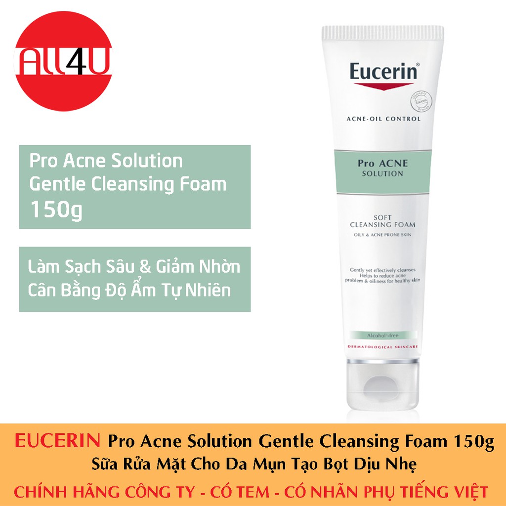 [MẪU MỚI] EUCERIN Pro Acne Solution Gentle Cleansing Foam 150g - Sữa Rửa Mặt Cho Da Mụn Tạo Bọt Dịu Nhẹ