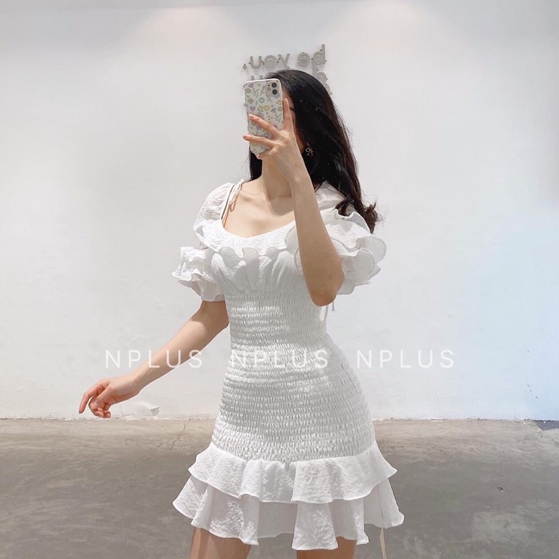 Đầm ôm body nhún bèo trễ vai