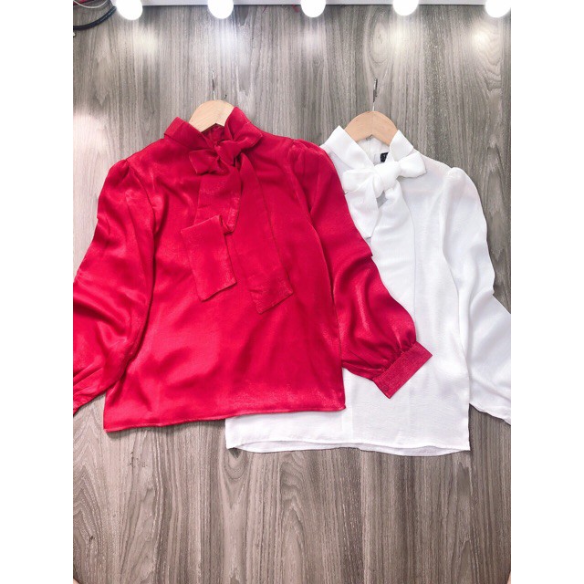 Áo sơ mi kiều nữ lụa tằm cổ nơ dài tay ba màu trắng, đỏ, ghi | BigBuy360 - bigbuy360.vn