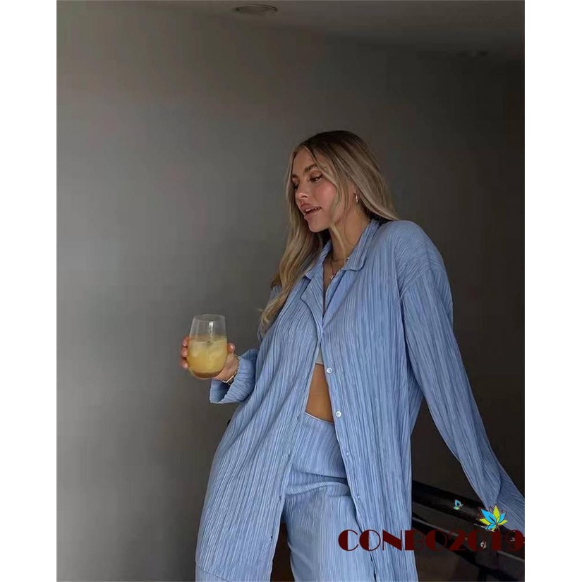 Set Đồ 2 Món Gồm Áo Sơ Mi Tay Dài Cài Nút Xếp Ly + Quần Dài Cho Nữ