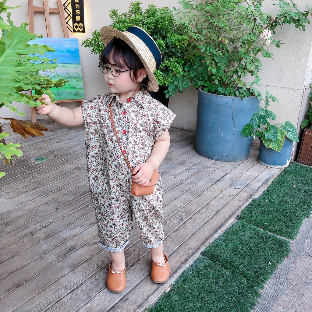 [Xả Lẻ Size] Jumpsuit Hoa Ngắn Tay Vải Bông Mùa Hè Phong Cách Hàn Quốc Cho Bé TN324