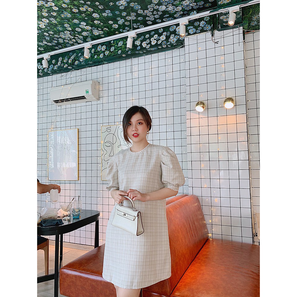 Đầm suông caro phối cổ ren KAMONG D086