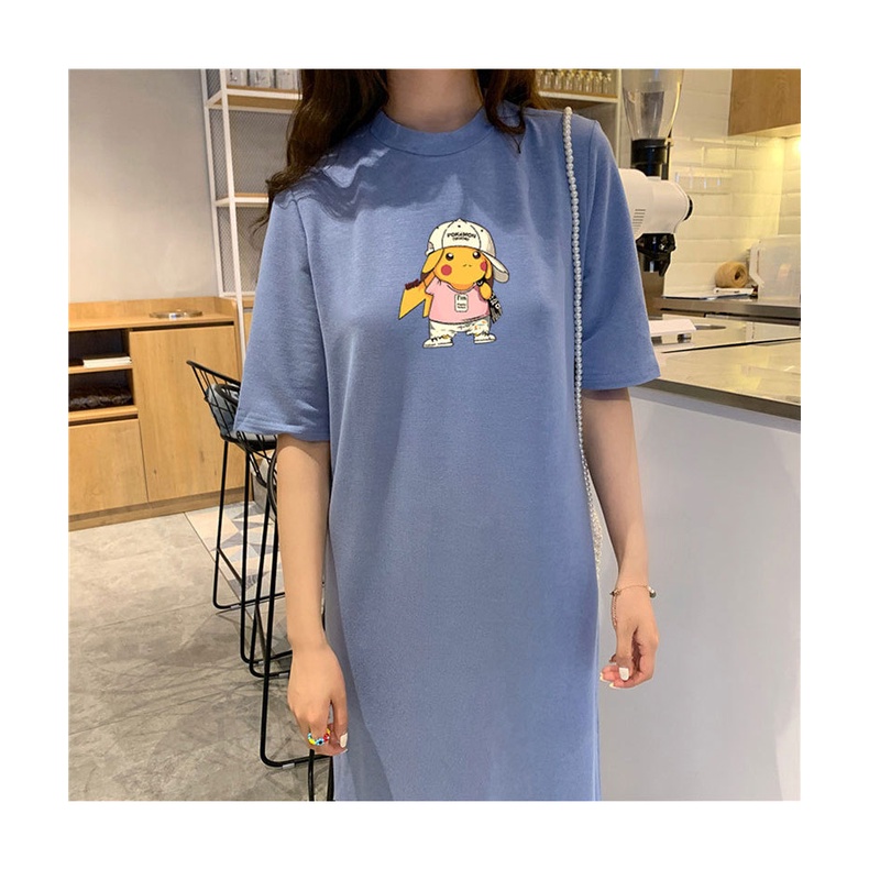 Đầm Suông Váy Suông Form Rộng In Hình Pikachuuuu Chất Chơi Dáng Dài Tay Ngắn Tà Xẻ Tinh Tế TTDS0337