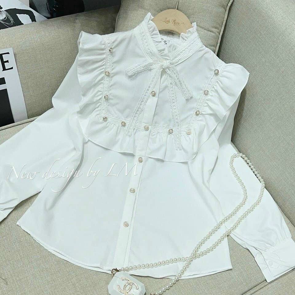 Áo sơ mi nữ cúc ngọc cổ ren siêu sang