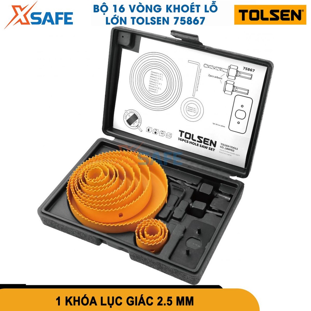 Bộ khoét lỗ tròn Tolsen 75867 16 chi tiết nhiều kích thước, kết hợp với máy khoan chuyên dụng khoan gỗ, thạch cao[XSAFE]