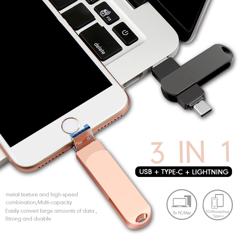 Ổ đĩa flash USB OTG cho loại C/Iphone 16/32/64/128/256/512GB 3 trong 1 bằng kim loại