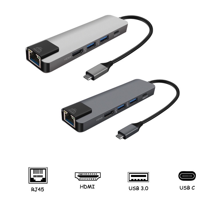 Hub USB Type C 5 in 1 To HDMI, RJ45, 2 x USB 3.0, USB Type C - Hàng chính hãng