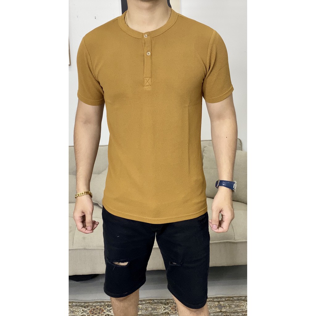 ÁO THUN NAM CỔ TÀU COTTON TỔ ONG 4 MÀU AT3T01- HENLAY 3CUC