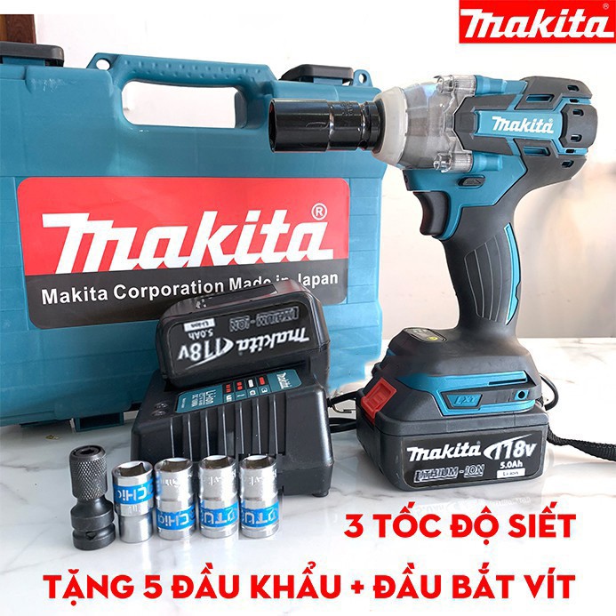 Máy siết bulong Makita 199V 420NM – Không Chổi Than - Pin khủng 10 Cell - Kèm theo 2 Pin - Tặng bộ 6 đầu khẩu