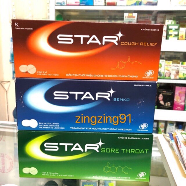 Viên, kẹo ngậm ho, thông mát họng không đường STAR SORE THROAT - màu xanh lá/ xanh dương/cam