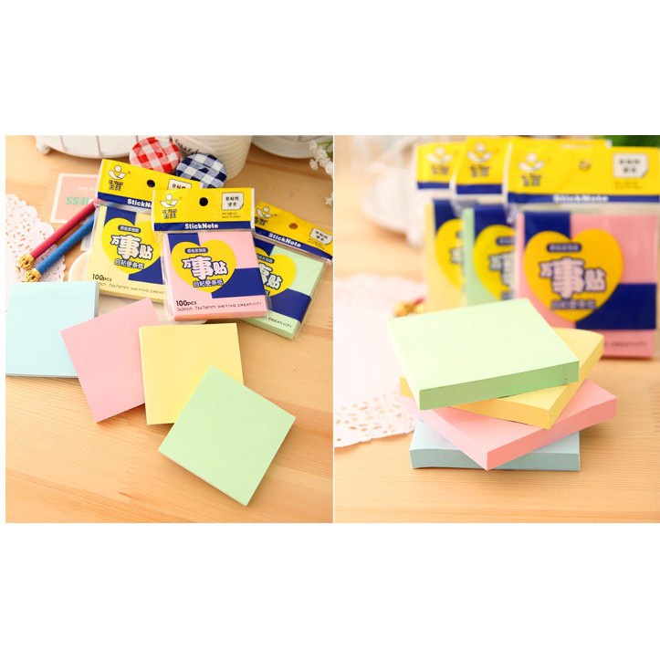 Giấy nhớ vuông sắc màu, giấy ghi chú dán được (100 tờ)